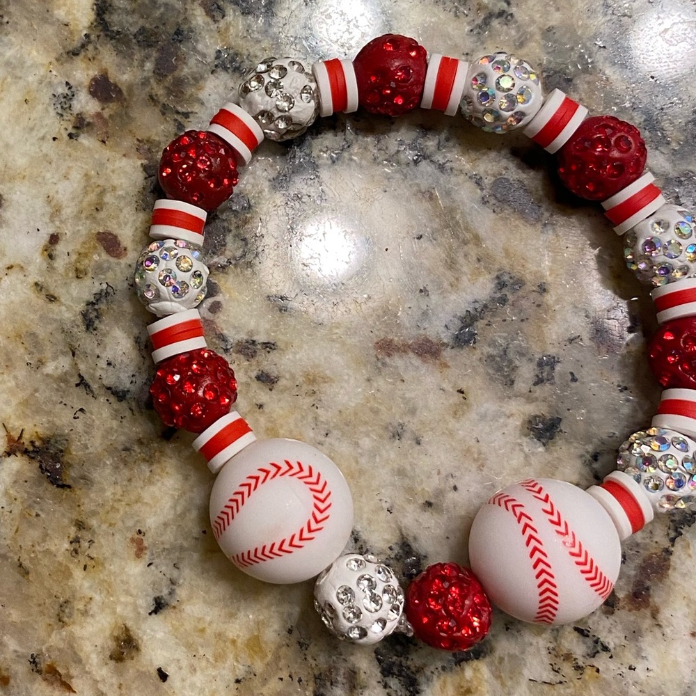 Baseball Ice Bracelet Bling Beaded Rhinestone Gift for Mom Red & White